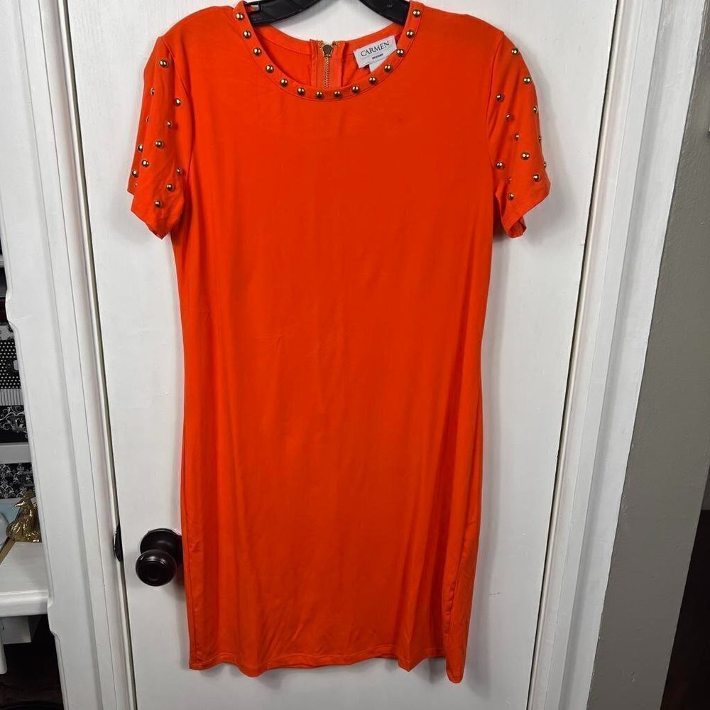 Carmen Marc Volvo orange gold studded t-shirt dress knee length. Size S